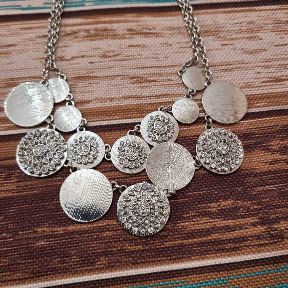 Statement Necklace 2-Strand Silver Rhinestone Dis… - image 2
